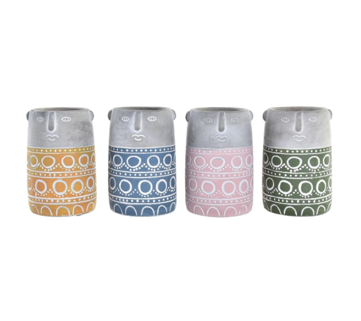 Planter DKD Home Decor Face Blue Pink Cement Green Yellow (12 x 12 x 18 cm) (4 Units)